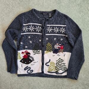 Vintage Reference Point Beaded Holiday Cardigan sz Medium Ice Skaters Christmas